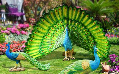 花園擺放的玻璃鋼彩繪仿真動(dòng)物孔雀雕塑