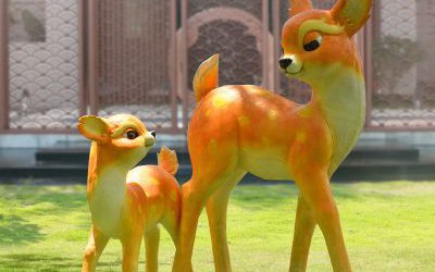 景區(qū)游樂場創(chuàng)意玻璃鋼彩繪卡通鹿雕塑