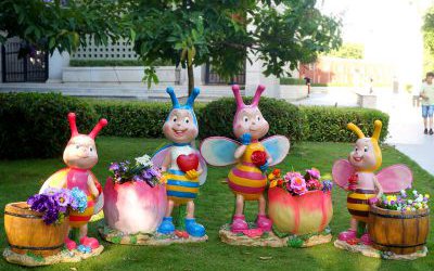 公園小區(qū)玻璃鋼卡通彩繪蜜蜂花盆雕塑